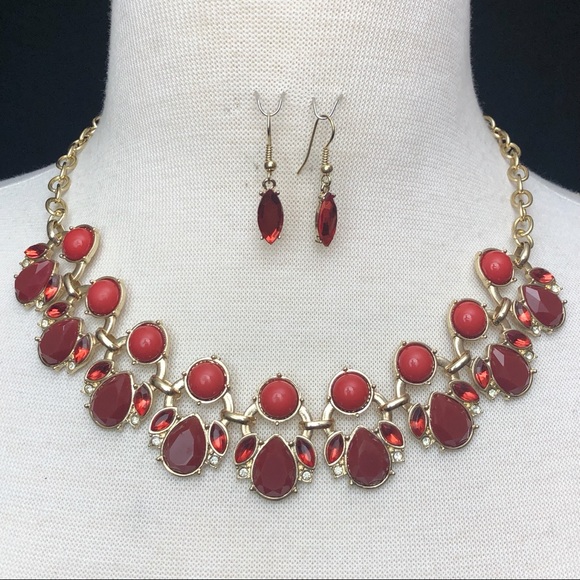 Fashion Jewelry Jewelry - Red Abstract Flair Gem Necklace Earrings Set